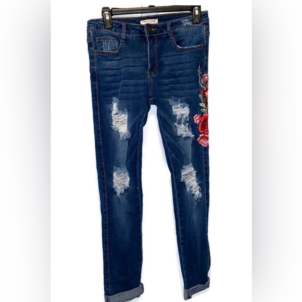 Machine floral embroidered distressed skinny medium wash jeans cuffed hem sz 29